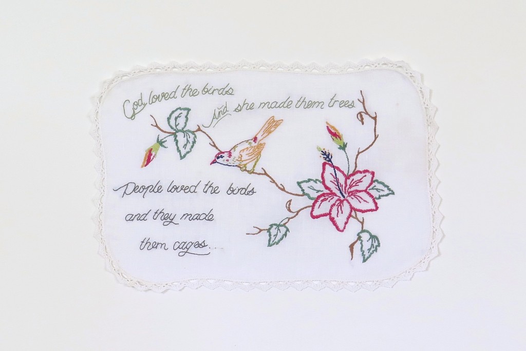 She Knows, 2014, Rayna Fahey, embroidered linen.